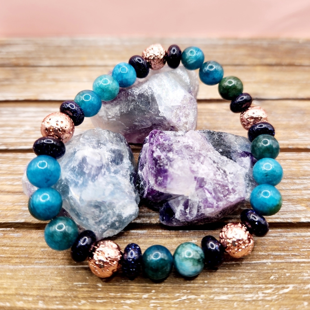 Apatite, Blue Goldstone, and Lava Rock Beaded Bracelet